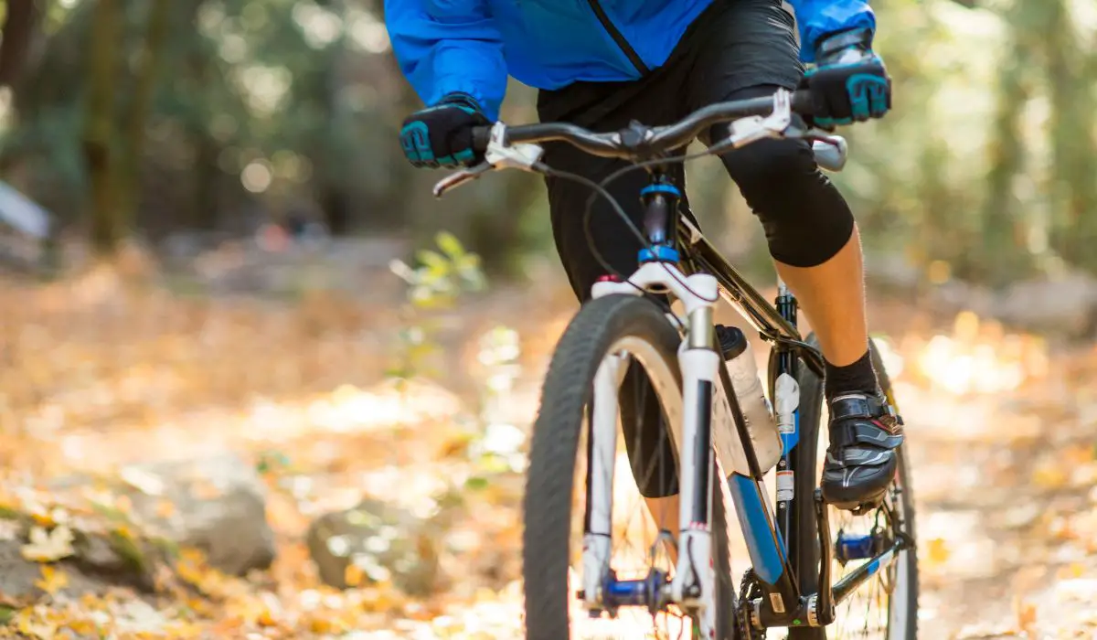 A person riding a mountain bike in a wooded area. 