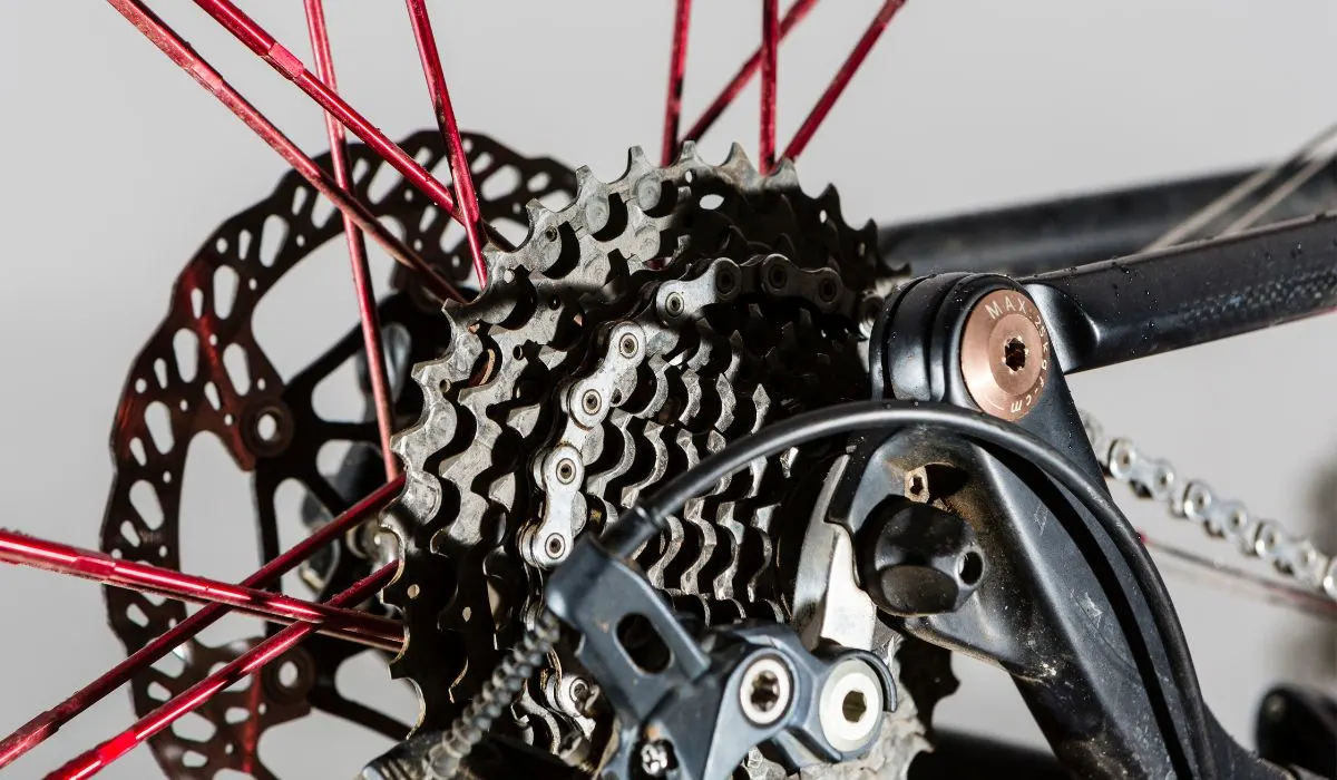 Bike chain and cogwheel close up photo. 
