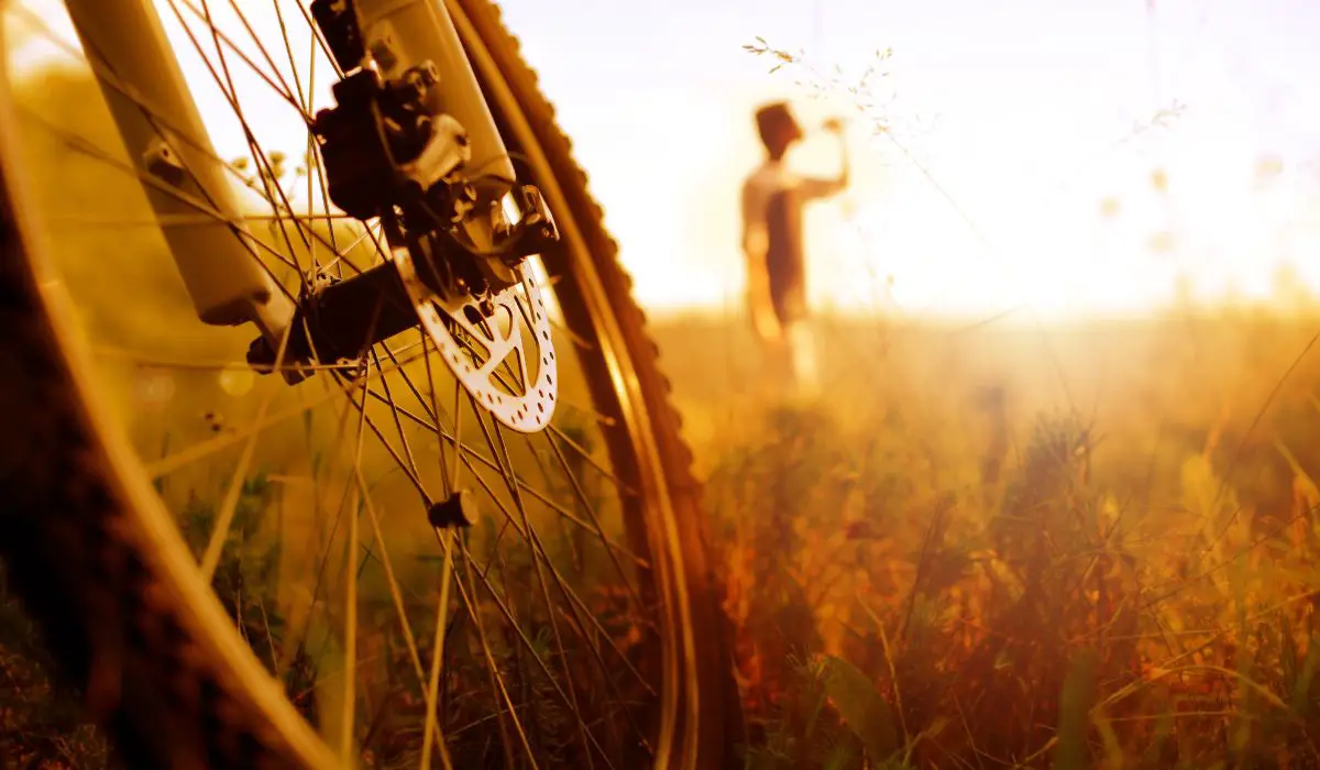 A close up of a bike wheel with a disc break, in a sunset with a person in the background drinking water.