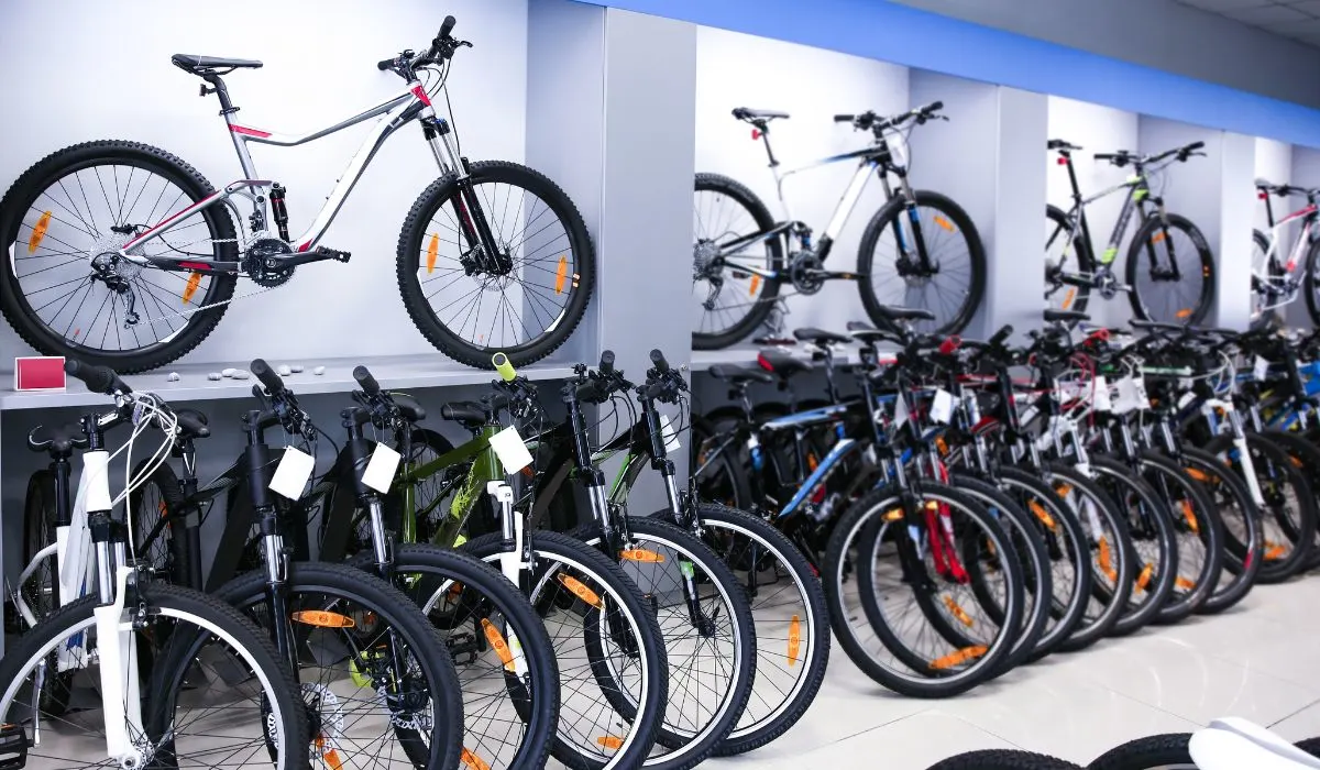 Bikes lined up for sale in a showroom. 