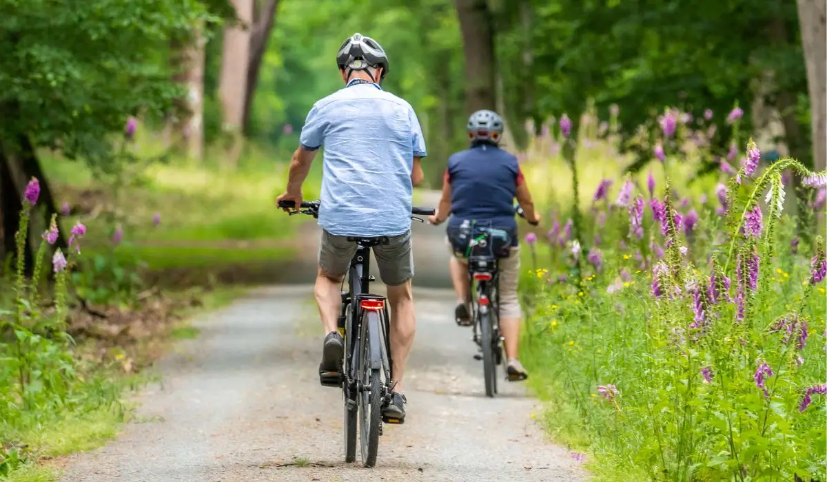 2 people riding bikes down a paved path with flowers growing on each side. 