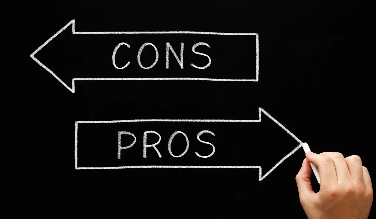 A black chalkboard with arrows, one pointing left and one pointing to the right, inside the arrows it says pros and cons.