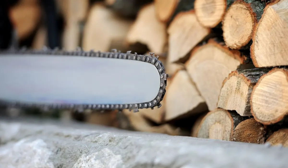 The blade of a chainsaw with cut wood stacked in the background.