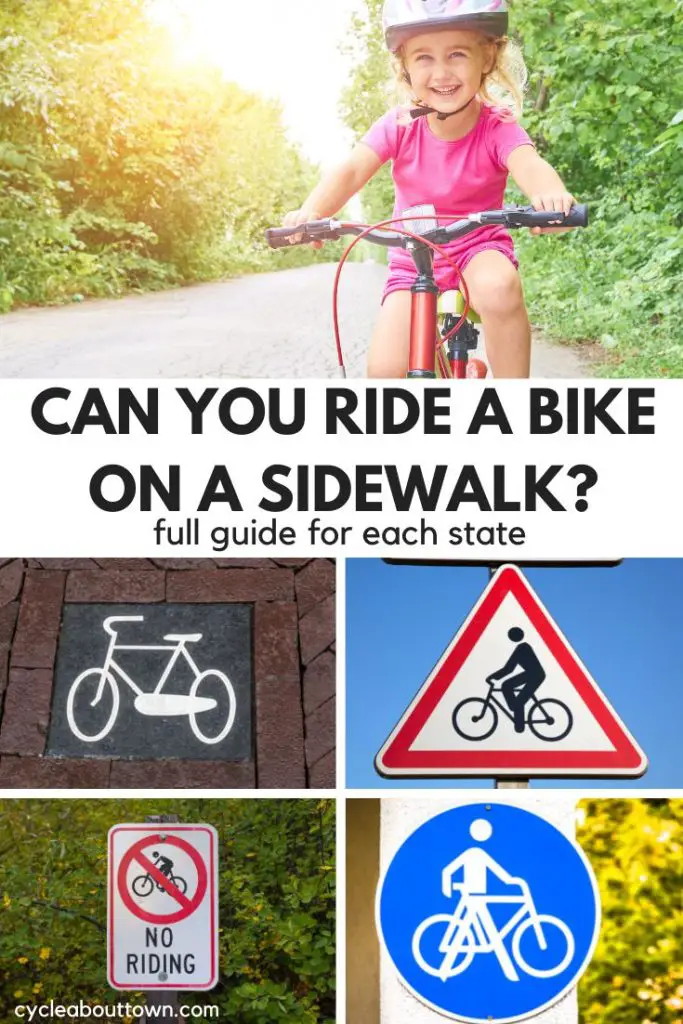 A photo of a little girl riding her bike on a sidewalk, with the sun streaming behind her, and below 4 photos or bike law street signs, with a middle banner that reads can you ride a bike on a sidewalk? Full guide for each state.