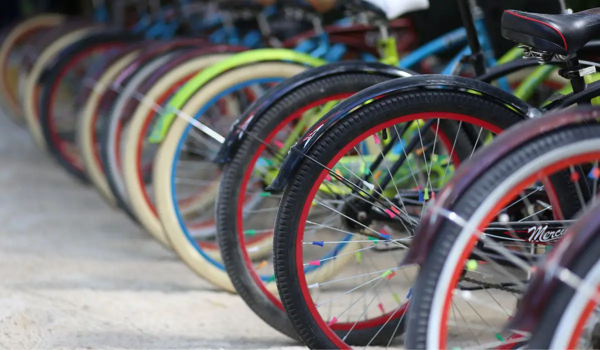 A line of bike wheels, with different colors of painted rims. 