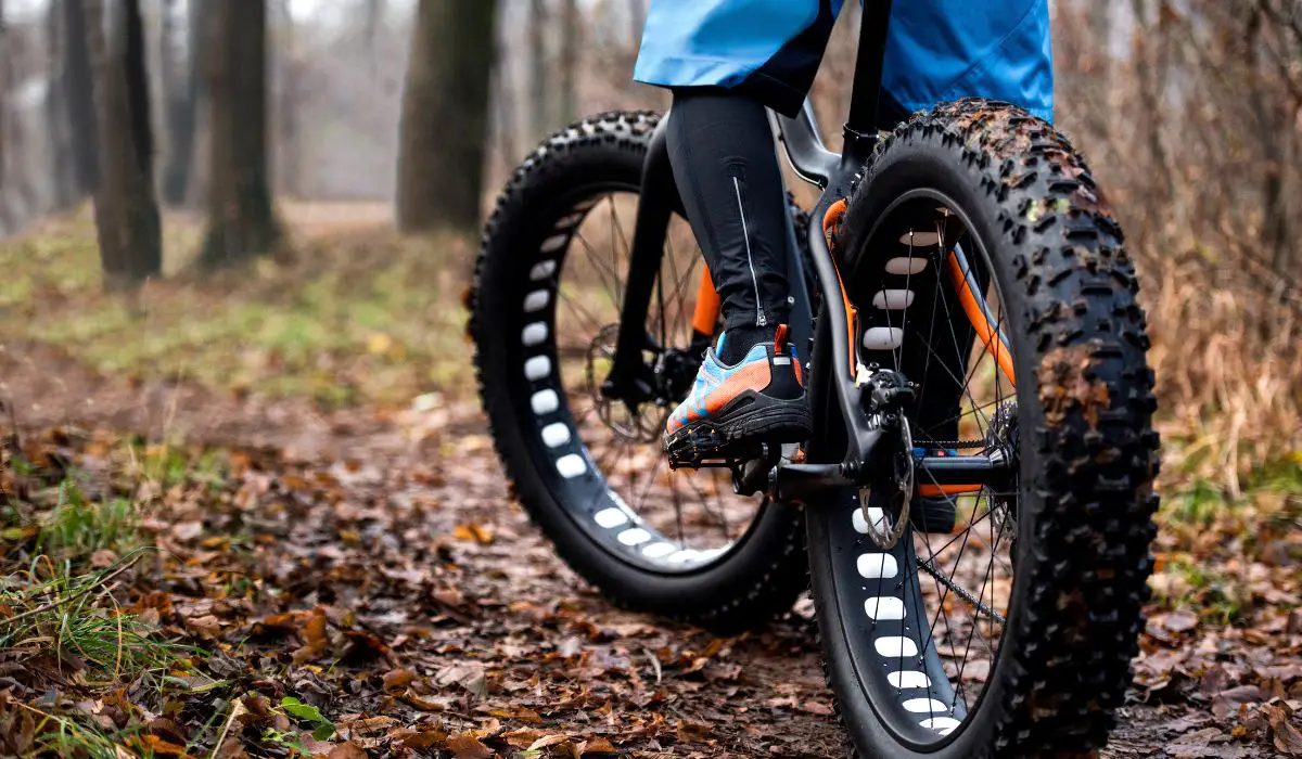 A mountain bike with large tires in the woods. 