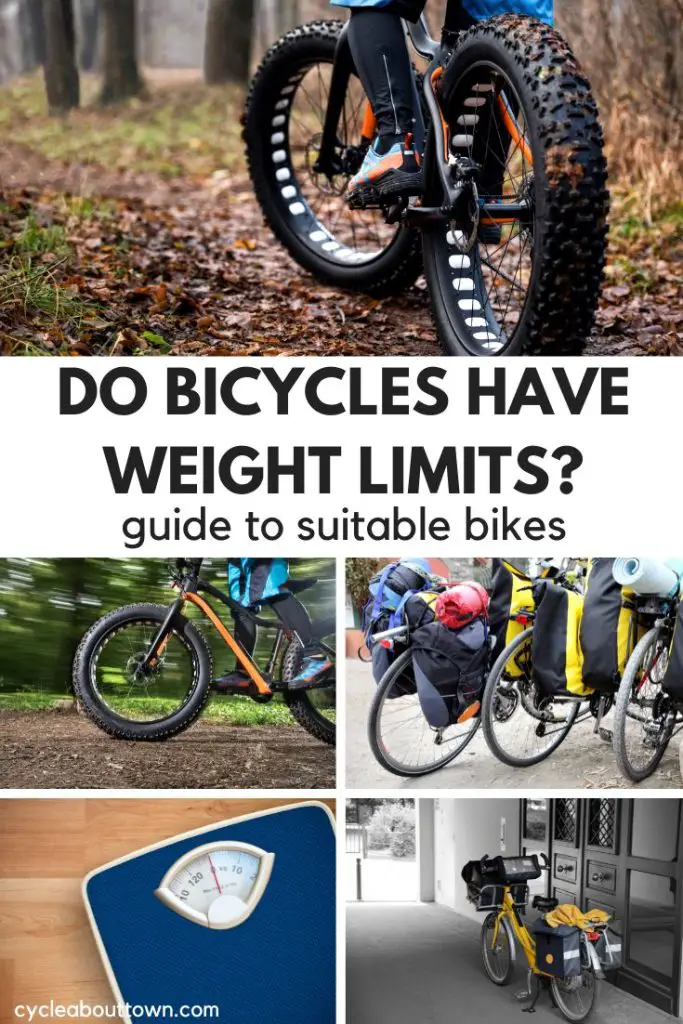 Photos of cyclists and one of a scale, with center text that reads do bicycles have weight limits? guide to suitable bikes.