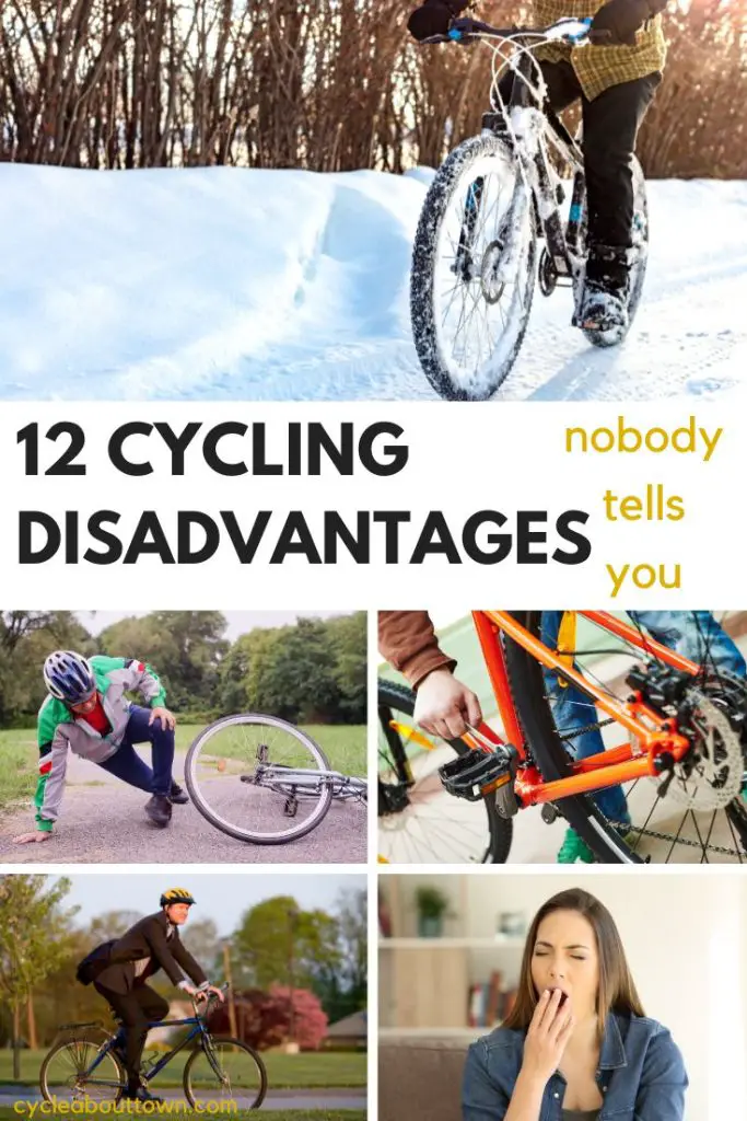 Several photos showing a bike in snow, a tired woman, a man cycling in a suit, a man crashed on a bike, and a bike repair, with center text that reads 12 cycling disadvantages nobody tells you about.