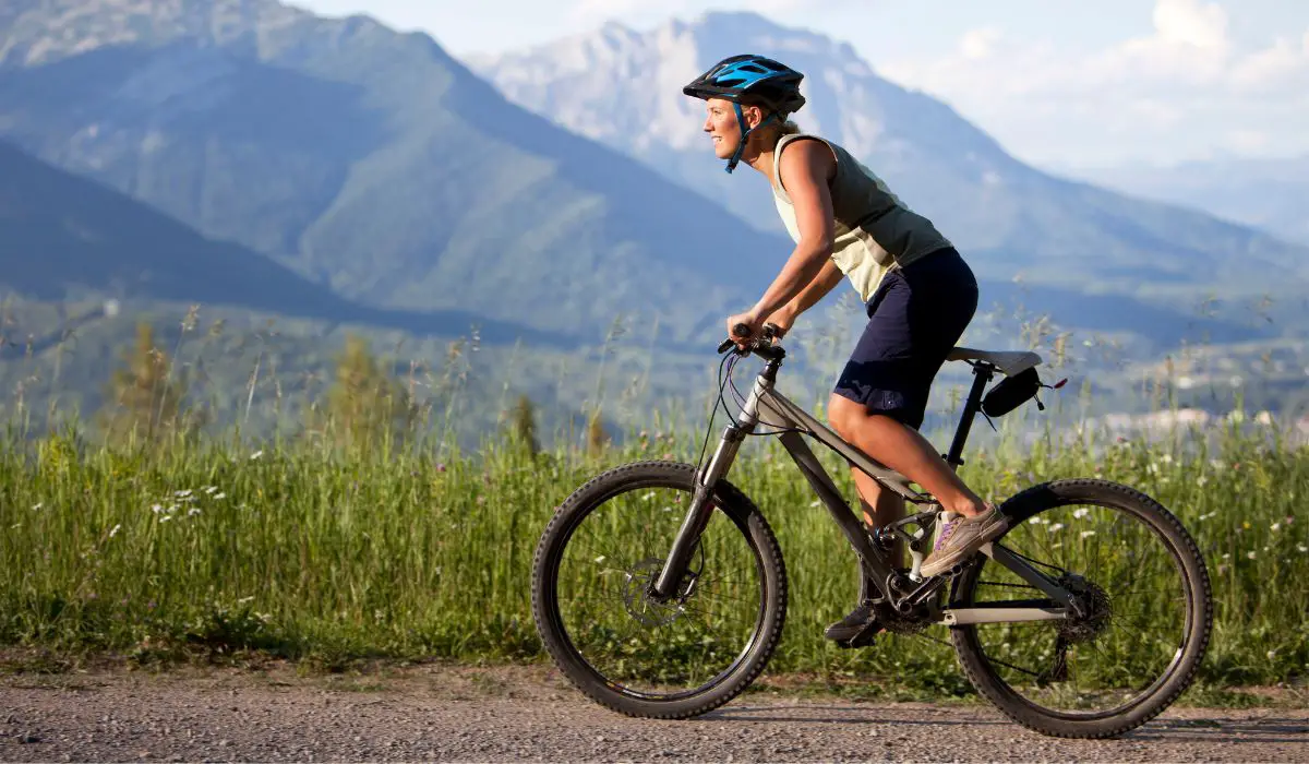 A person on a mountain bike on a gravel road next to a meadow with a huge mountain in the background on a sunny day.