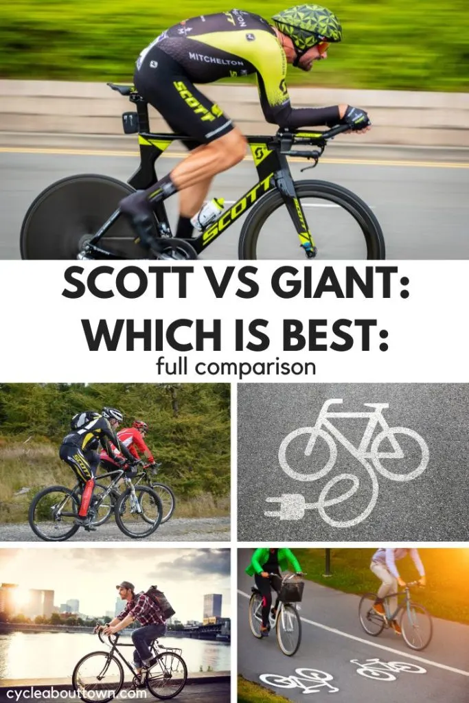 Several photos of cyclists with center text that reads Scott vs Giant which is best: full comparison.