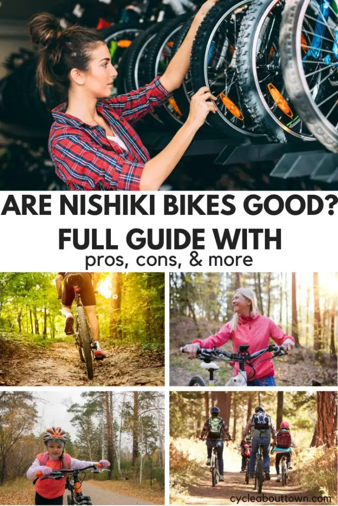 Several photos of people riding bicycles on different terrain, with a middle banner that reads are Nishiki bikes good? Full guide with pros, cons, and more.