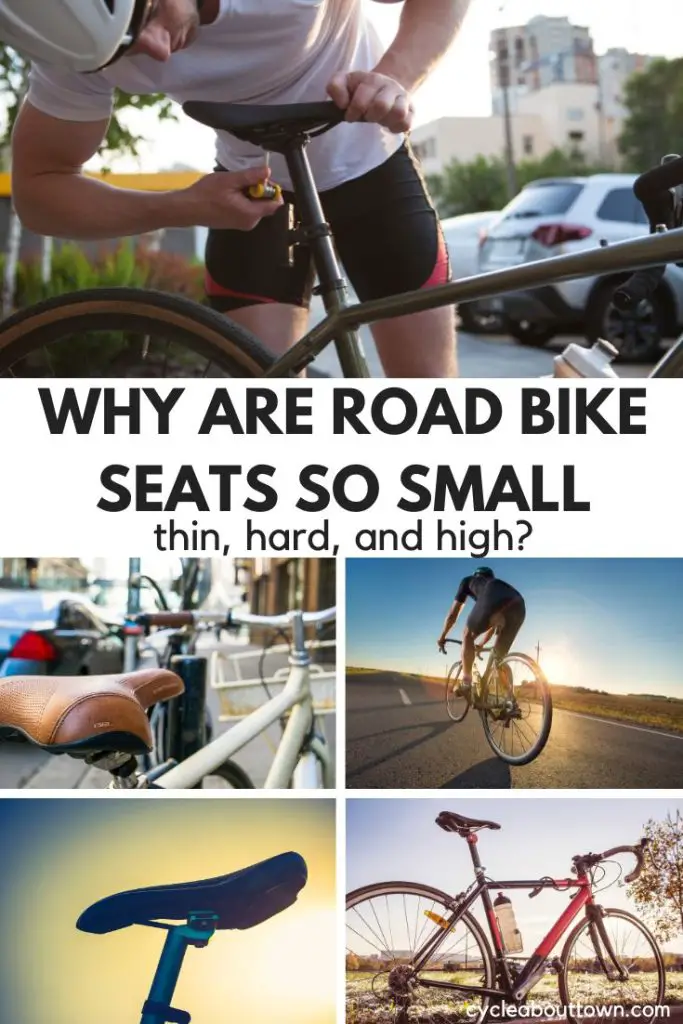 Photos of road bike seats, with center text that reads why are road bike seats so small, thin, hard, and high?