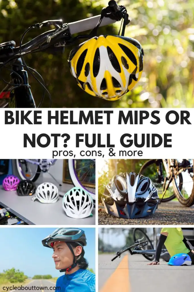 Several photos of bike helmets, with middle text that reads bike helmet MIPS or not? Full guide pros, cons, and more.