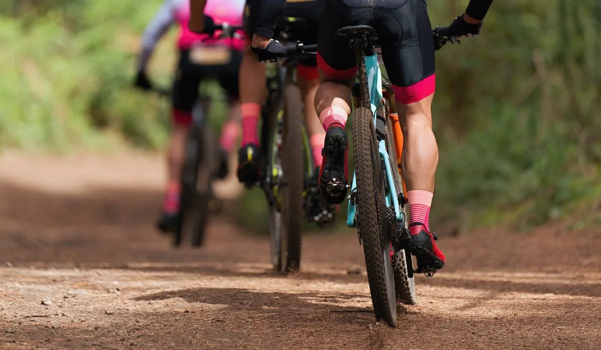 Back tire view of a line of bike riders on a mountain trail. 