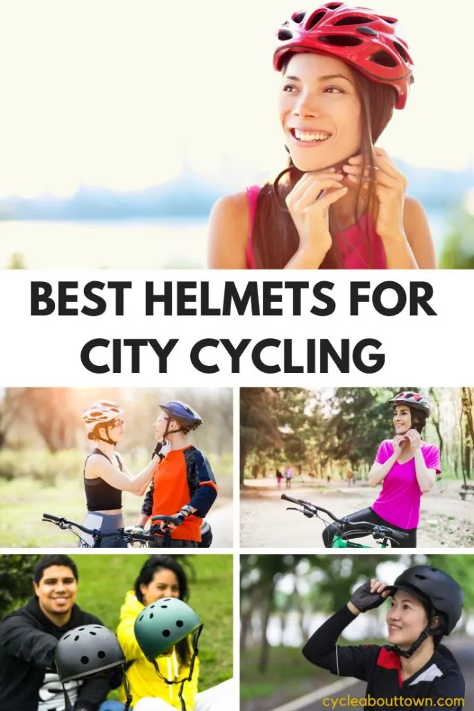 Several photos of people on bikes putting helmets on, with middle text that reads best helmets for city cycling.