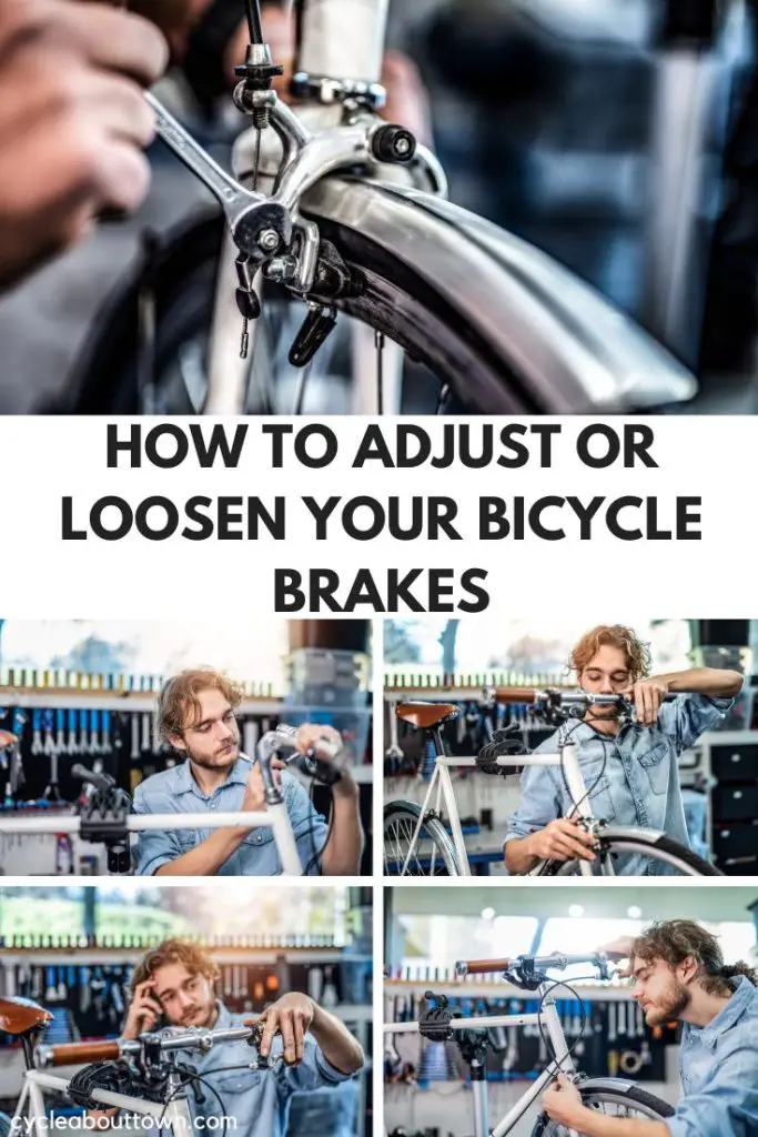 Several photos of bike brakes getting adjusted and checked, with a middle banner that reads how to adjust or loosen your bicycle brakes.