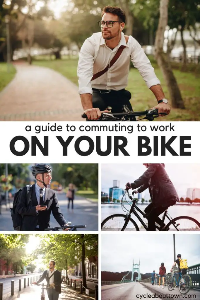 Several photos of people bike commuting, with middle text that reads a guide to commuting to work on your bike.