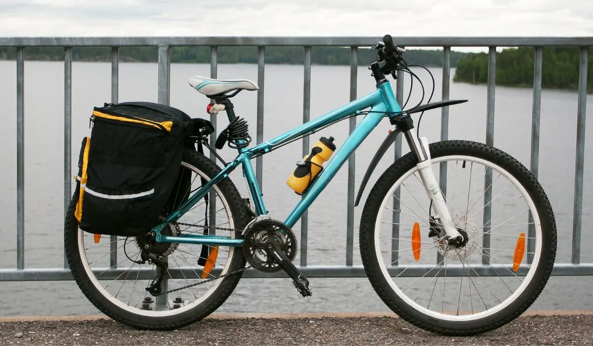 A bike with a rack in the back holding a pannier bag on each side.
