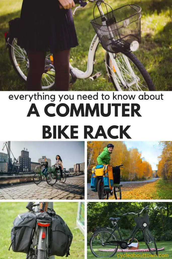 Several photos of bike racks with baskets and bags for commuting, with a center banner that reads everything you need to know about a commuter bike rack.