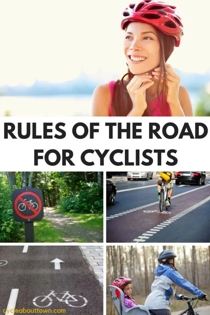 Several photos of bike safety and bike signs with a middle banner that reads rules of the road for cyclists.
