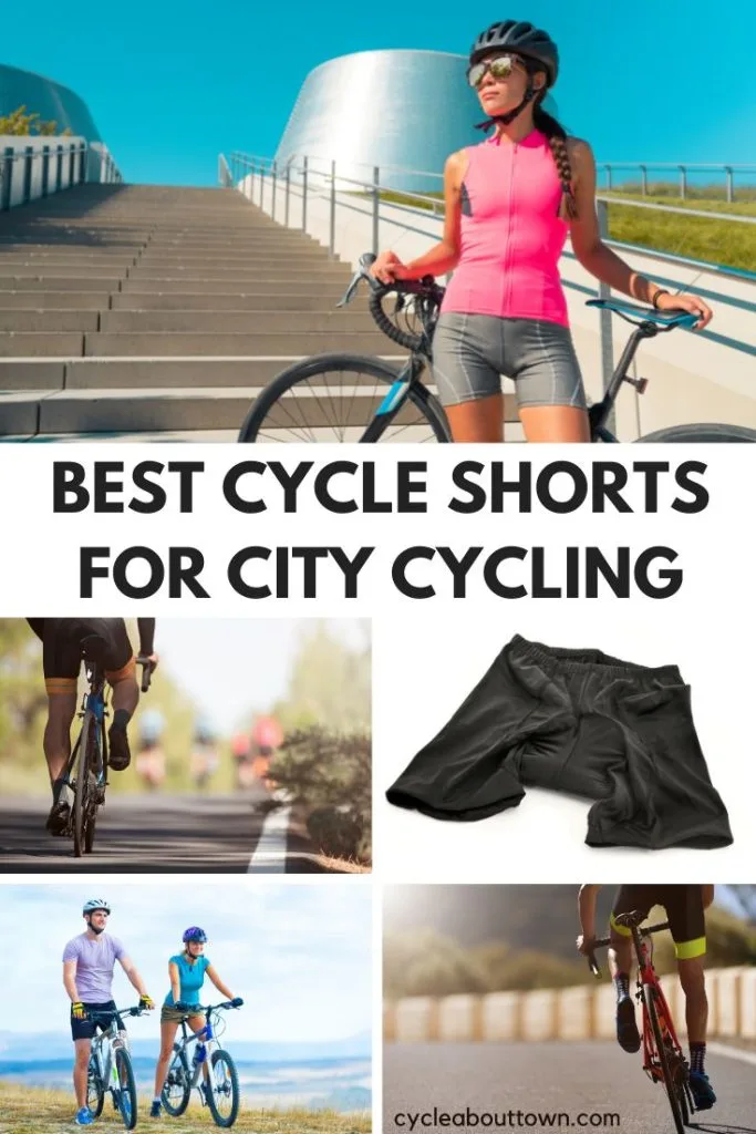 Several photos of people wearing bike shorts. With a middle banner that reads best cycle shorts for city cycling.