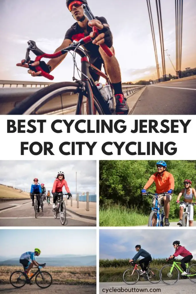 Several photos of cyclist in full gear including all different types of jerseys. Middle text reads best cycling jersey for city cycling.