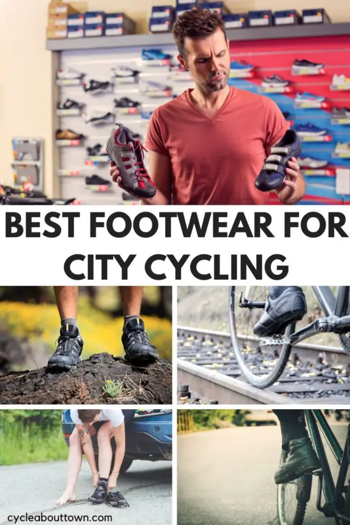 Several photos of cycling shoes with middle text that reads best footwear for city cycling.