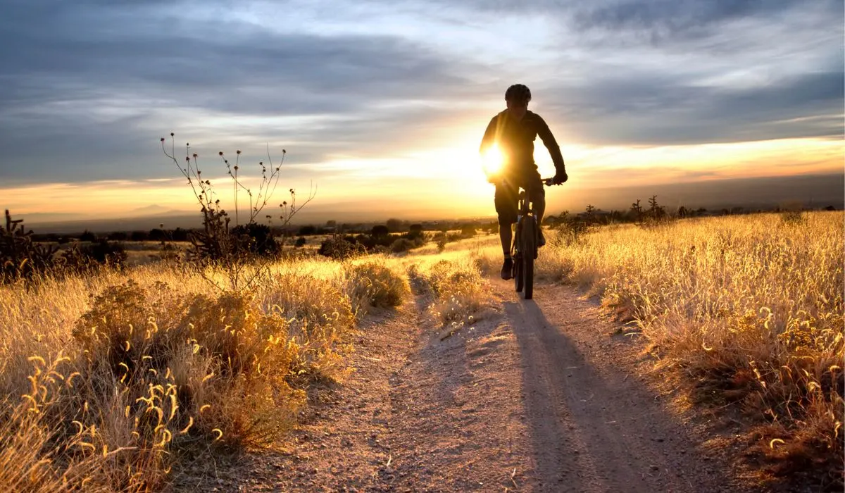 A person riding a mountain bike on a dirt path with the sunset behind them. 
