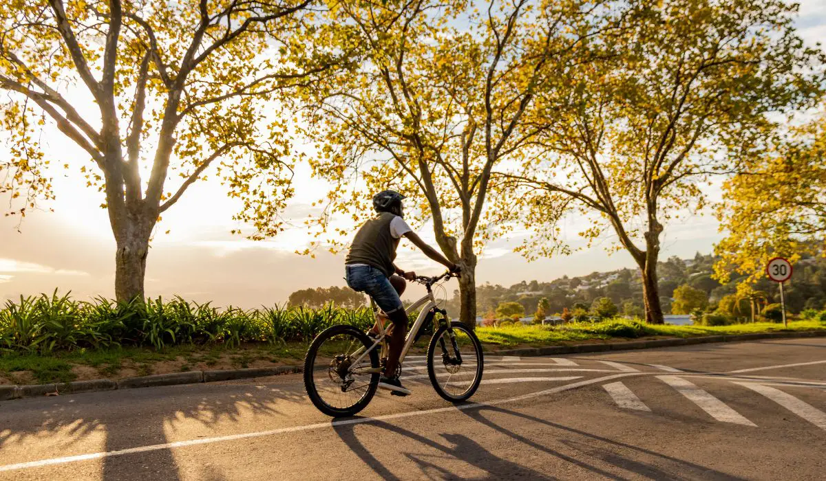 A man riding a bike on a road with trees surrounding. 