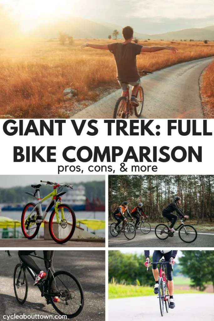 Several photos of cyclists with middle text that reads Giant Vs Trek: Full comparison pros, cons, & more.