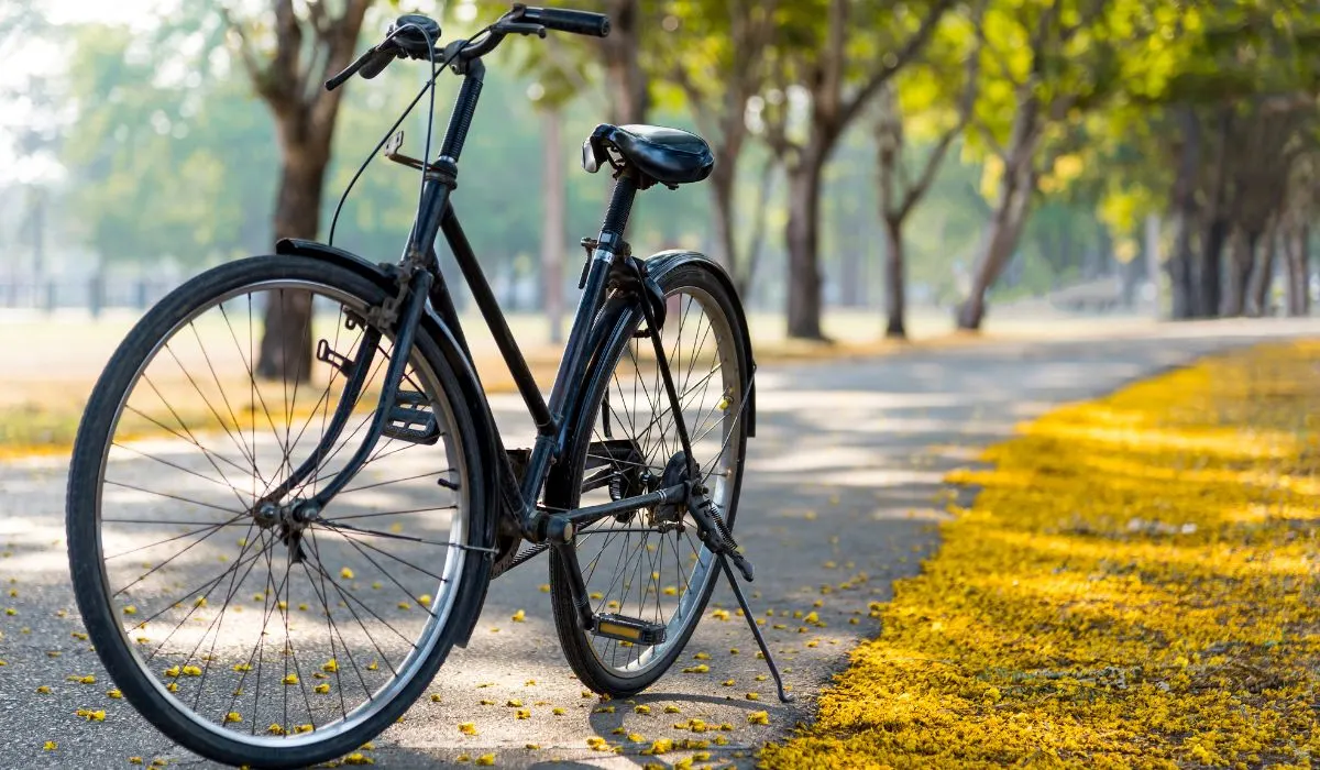 A black bike on a paved path with yellow flowers on the ground. 