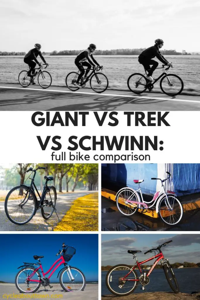 Several photos of different types of bikes with a middle banner that reads Giant vs Trek vs Schwinn: full bike comparison.