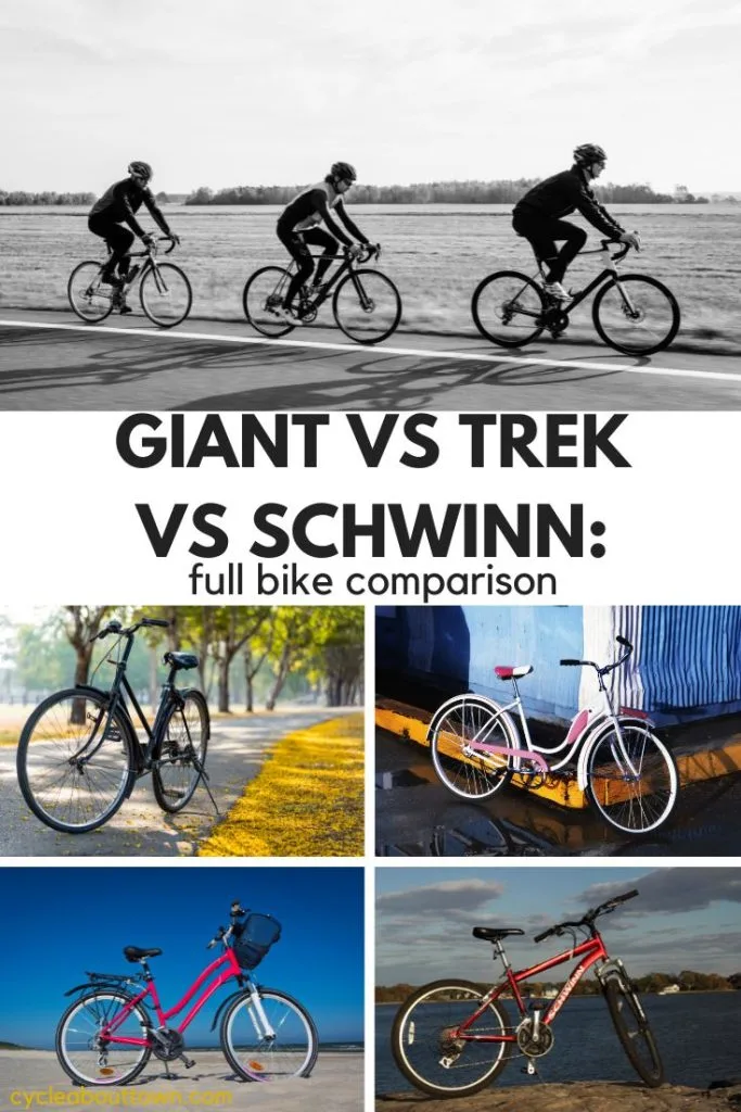 Several photos of different types of bikes with a middle banner that reads Giant vs Trek vs Schwinn: full bike comparison.