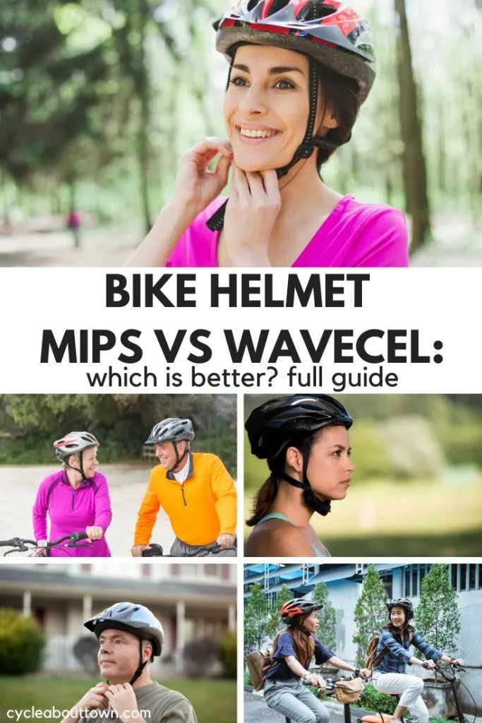 Several photos of people wearing bicycle helmets, and middle text that reads bike helmet MIPs vs Wavecel: Which is better? Full guide.