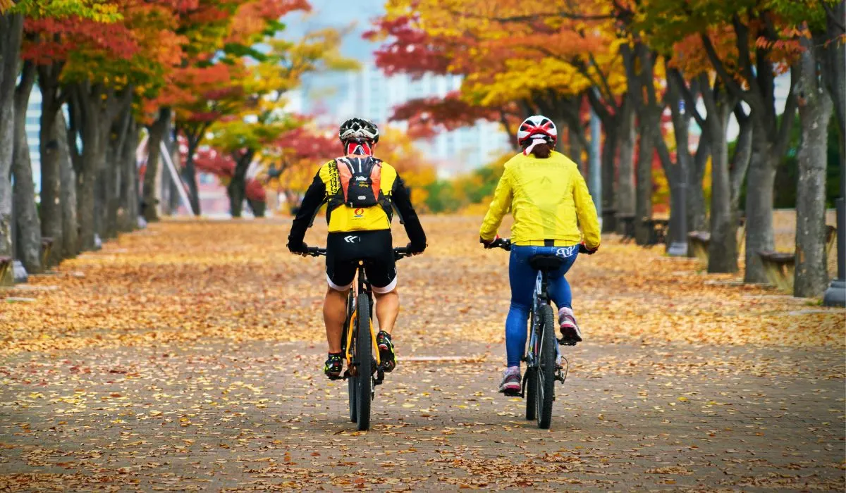 2 people back view riding bikes on a paved path with fall leaves on the ground and trees. 
