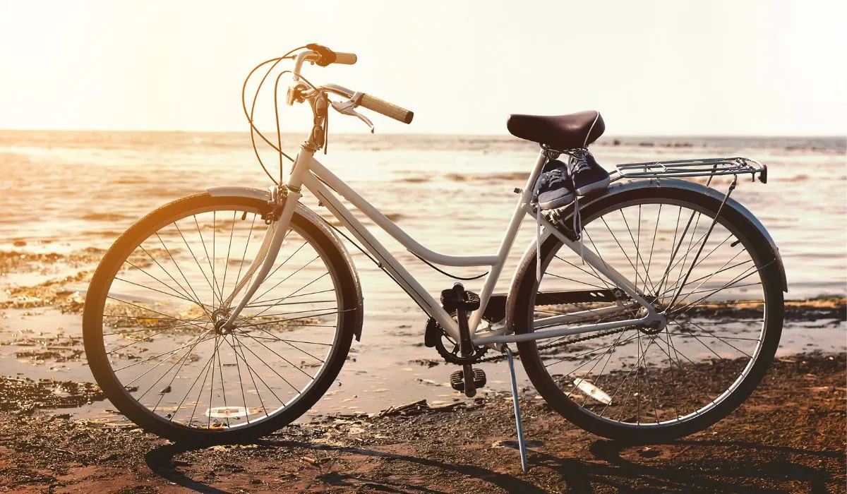 A retro bike on a beach with shoes resting on the back rack, with the sunset reflecting a gold color on the water. 