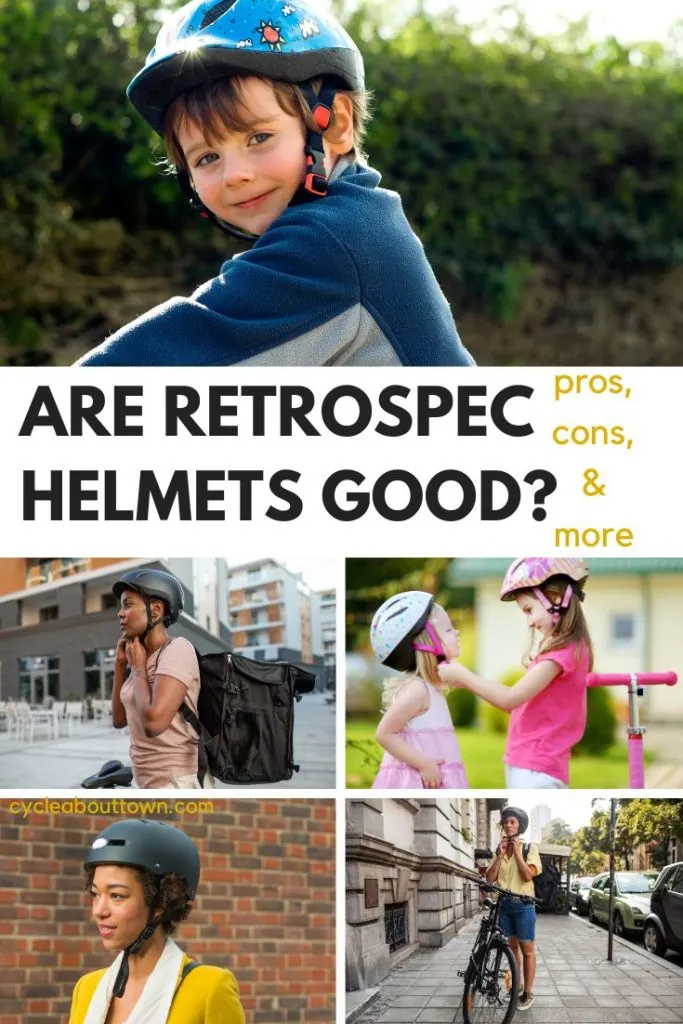 Several photos of people wearing bike helmets, and middle text that reads are Retrospec helmets good? Pros, cons, and more.