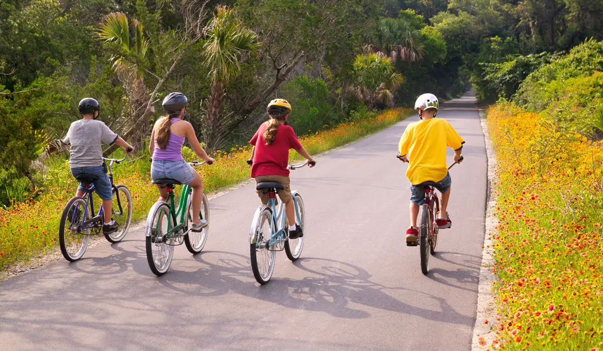 A row of older kids riding bikes on a street lined with poppies and palm trees. 