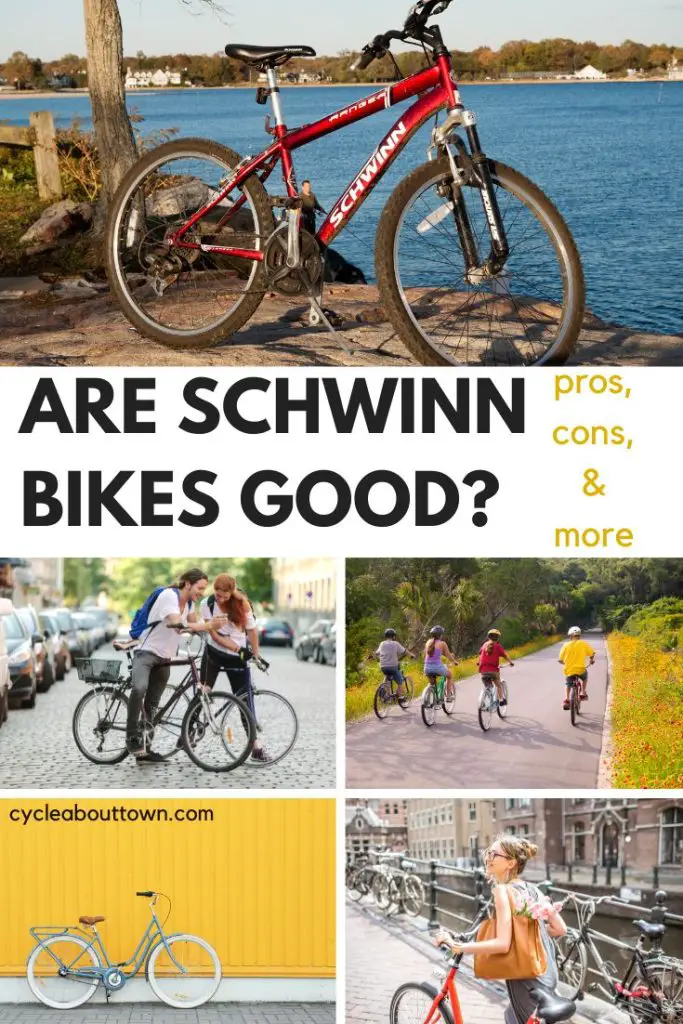 Several pictures of different bike types, with middle text that reads Are Schwinn bikes good? Pros, cons, and more.