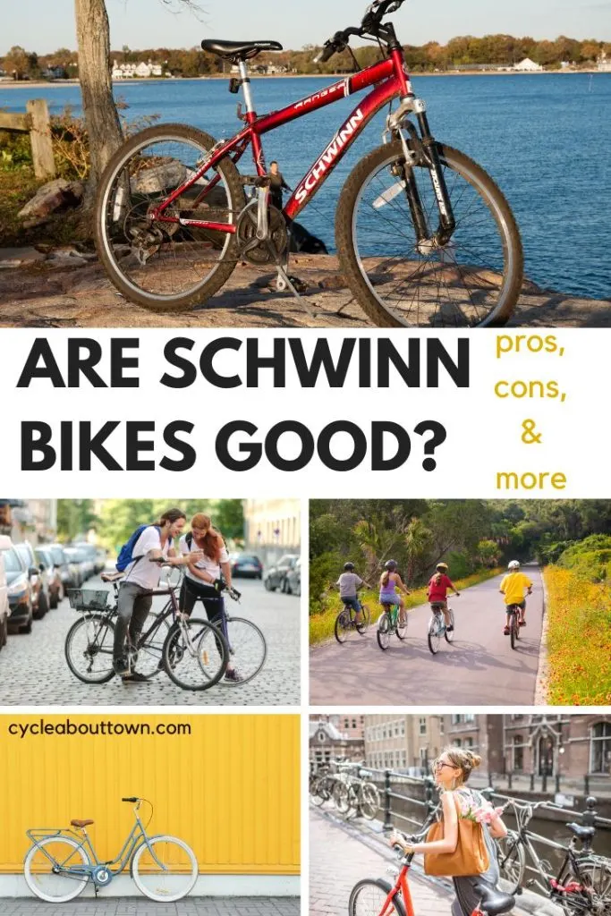 Several pictures of different bike types, with middle text that reads Are Schwinn bikes good? Pros, cons, and more.