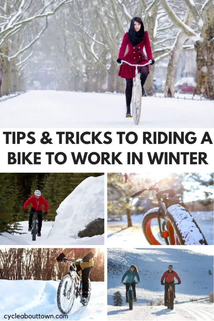 Several pictures of bikes riding in snow.